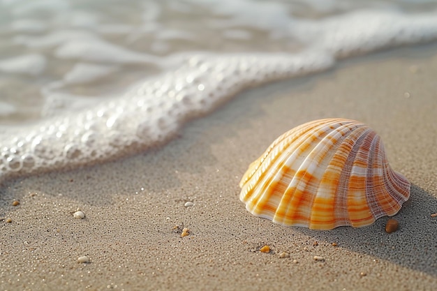 Imagen generada por IA de una concha marina en la playa con olas de agua en verano