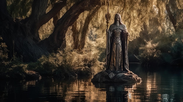 Imagen generada con IA Estatua junto a un lago que representa a la Dama del Lago