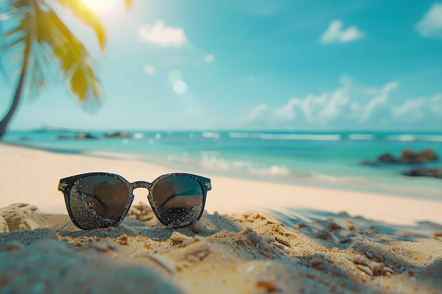 Imagen generada por IA del fondo de verano con gafas de sol en la arena de la playa y el espacio de copia