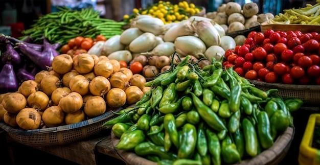 Imagen generada por IA del gran mercado asiático de frutas y verduras