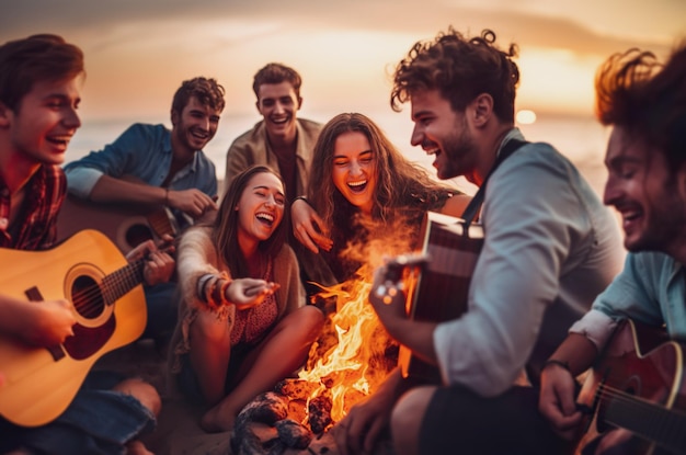 Imagen generada por IA de un grupo de personas con guitarra en la playa Foto de alta calidad