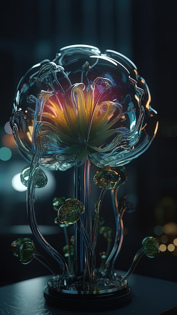 Imagen generada con IA Hermosas flores de cristal sobre fondo negro con iluminación tenue