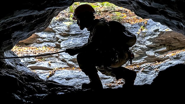Imagen generada por IA de un hombre explorando una cueva con equipo completo
