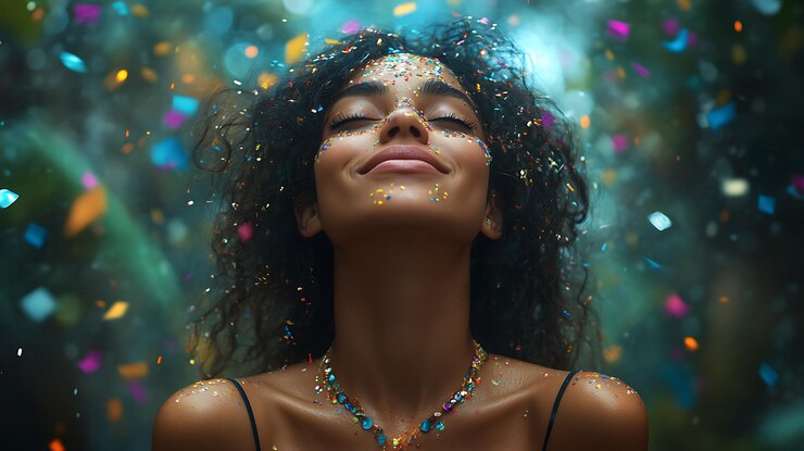 Imagen generada por IA de una mujer hermosa rodeada de confeti brillante con expresión de sonrisa feliz