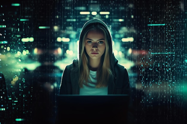 Imagen generada por IA de una mujer joven en una computadora portátil como hacker Foto de alta calidad