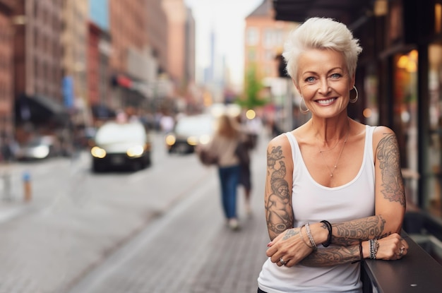 Imagen generada por IA de una mujer madura en la ciudad con tatuajes Foto de alta calidad