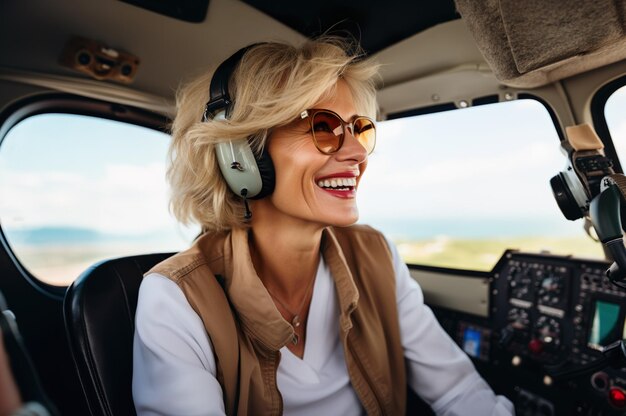 Imagen generada por IA de una mujer madura como piloto de avión Foto de alta calidad