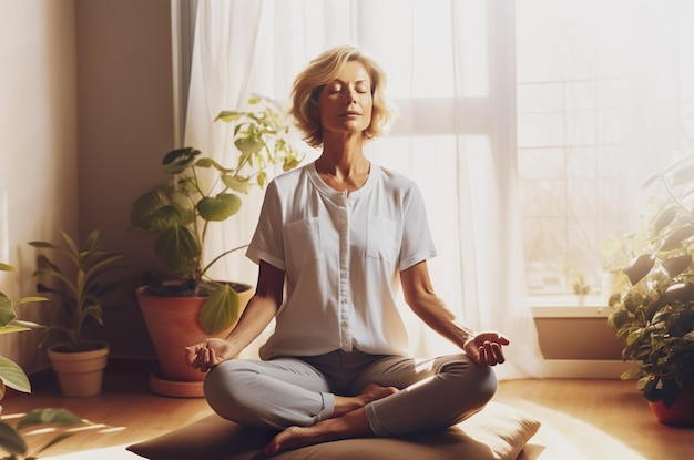 Imagen generada por IA de una mujer madura haciendo yoga Foto de alta calidad