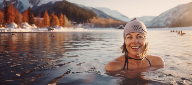 Imagen generada por IA de una mujer madura nadando en un lago helado Foto de alta calidad