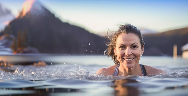 Imagen generada por IA de una mujer madura nadando en un lago helado Foto de alta calidad