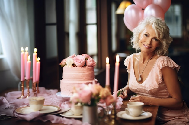 Imagen generada por IA de una mujer mayor madura con un globo y un pastel Foto de alta calidad