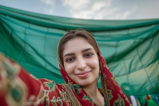 Foto imagen generada por ia de una mujer paquistaní con pañuelo en la cabeza con el fondo de la bandera verde de pakistán