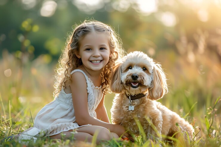 Imagen generada por IA de una niña sentada en un parque natural con un perro y papel tapiz de cara feliz