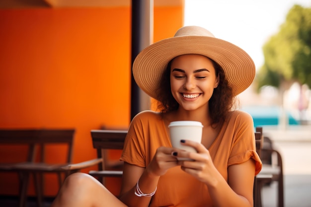 Foto imagen generada por ia de una niña con teléfono en un fondo naranja