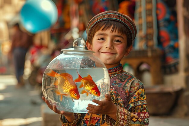 Imagen generada por IA de un niño iraní sosteniendo un pez dorado en un acuario para la celebración de Nowruz