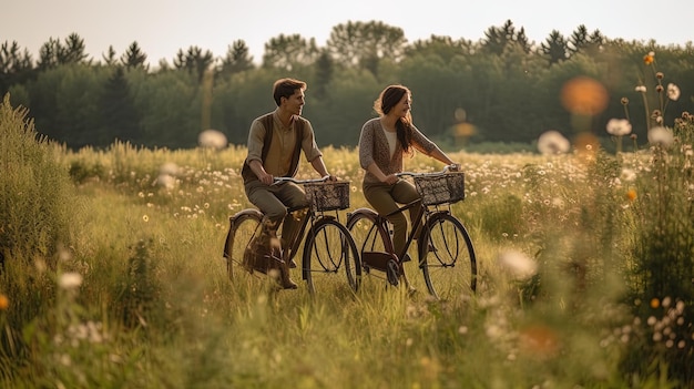 Imagen generada por IA de una pareja antigua montando en bicicleta en el campo