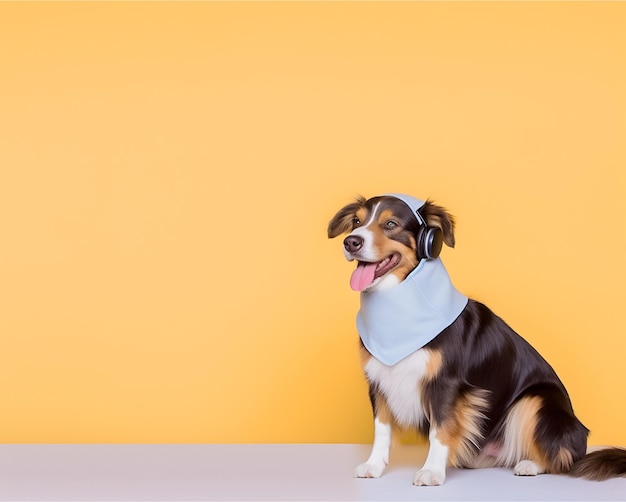 Imagen generada por IA de un perro mascota con auriculares y ropa de moda