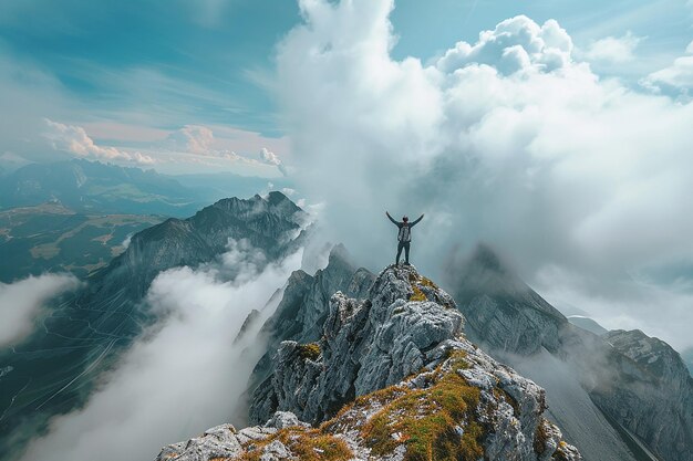 Imagen generada por la IA de una persona de pie en la cima de una montaña mientras levanta las manos que simbolizan la libertad