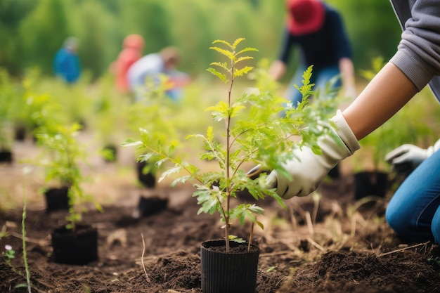 Imagen generada por IA de una persona plantando árboles o trabajando en un jardín comunitario