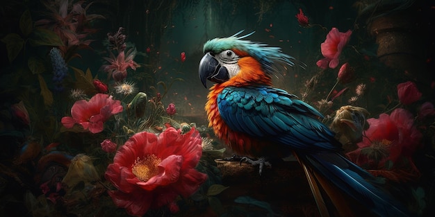 Imagen generada por IA Pintura científica decorativa de un guacamayo azul en la jungla o selva tropical