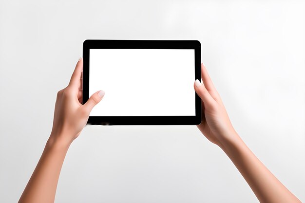 Imagen generada por la IA de un primer plano de manos sosteniendo una tableta digital con una pantalla blanca en blanco aislada en whi