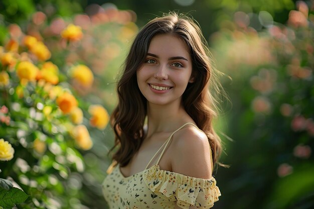 Imagen generada por IA del retrato de una hermosa chica rusa sonriendo en un parque de flores