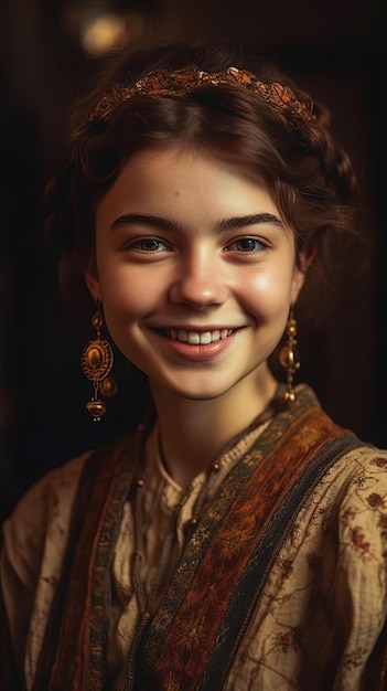 Imagen generada con IA Retrato de una joven feliz con ropa típica del campo