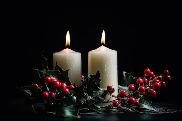 Imagen generada por IA Románticas velas blancas encendidas flores blancas y muérdago sobre fondo negro