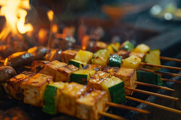 Imagen generada por IA de tofu satay a la parrilla con fuego caliente