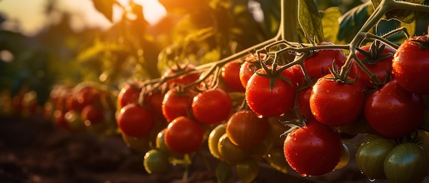 Imagen generada por la IA de tomates frescos maduros en la vid