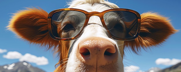 Foto imagen generada por ia de una vaca divertida con gafas de sol