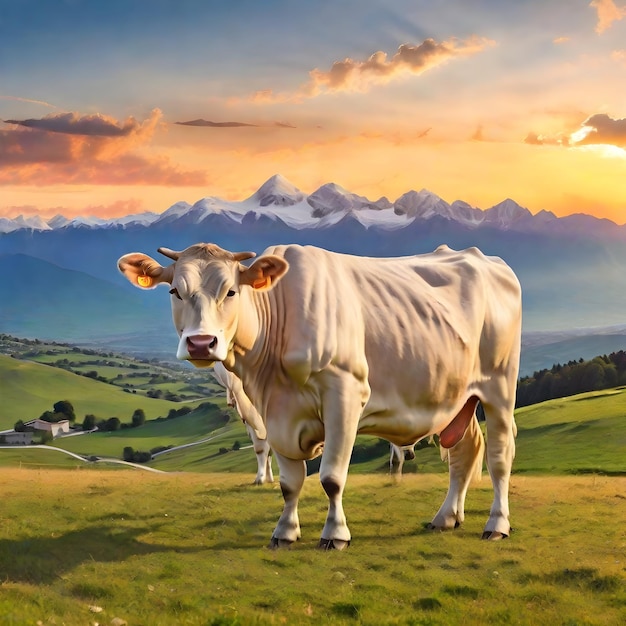 Imagen generada por la IA de la vaca pastando en un pasto de montaña en una vista panorámica de verano con montaña