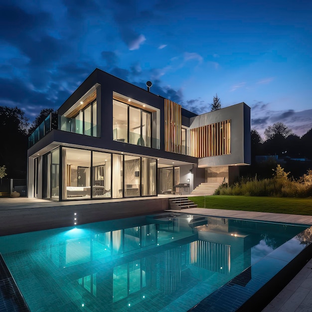 Imagen generada por IA de una villa de lujo con piscina durante la hora azul