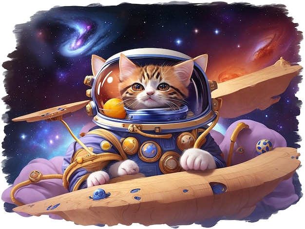 Foto imagen generada de un lindo gato en la galaxia con su traje espacial