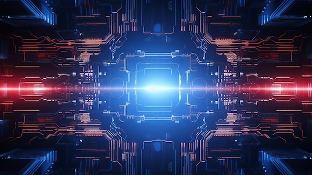 una imagen generada por ordenador con un diseño azul y rosa de una placa de circuitos.