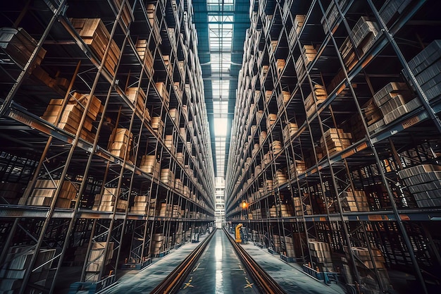 Imagen generada por la tecnología AI del almacén tridimensional del centro logístico.