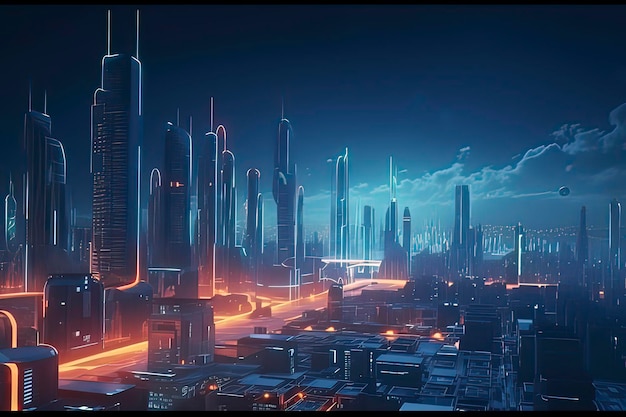 Imagen generada por la tecnología AI de la ciudad del futuro al estilo cyberpunk
