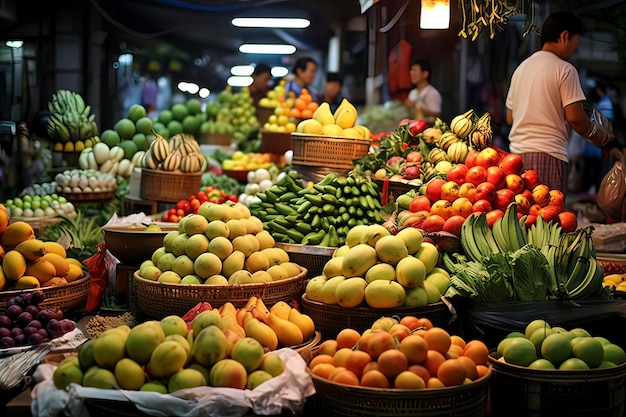 Imagen generada por la tecnología de la IA de frutas y verduras en los mercados agrícolas