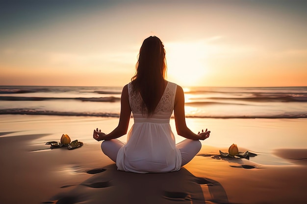 Imagen generada por tecnología de IA de una mujer meditando junto al mar al atardecer