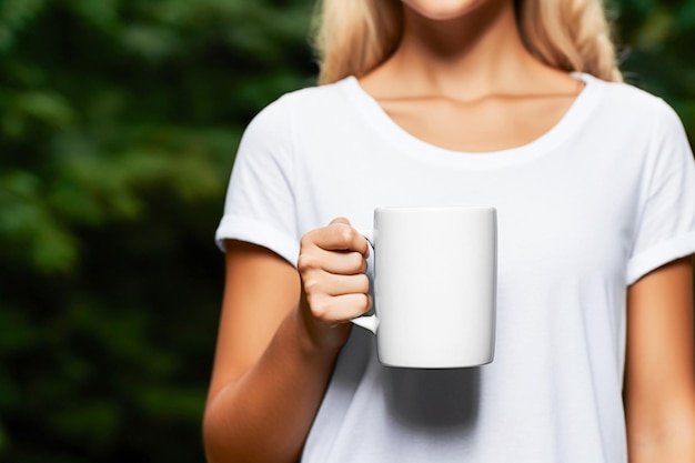 Imagen generativa de Ai Niña sosteniendo una maqueta de taza de café con leche