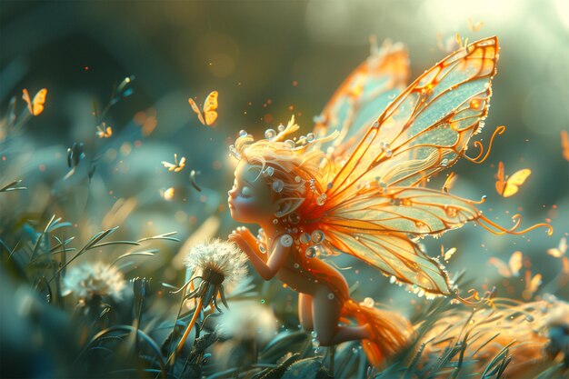 Una imagen generativa de Ai de una pequeña hada con mariposas y flores en la naturaleza