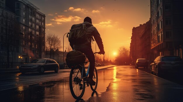 Imagen generativa de Ai de un repartidor de comida montando una bicicleta en una calle de la ciudad con una mochila grande al atardecer