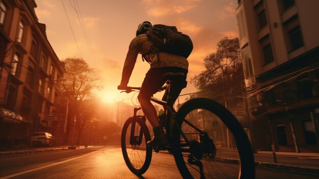 Imagen generativa de Ai de un repartidor de comida montando una bicicleta en una calle de la ciudad con una mochila grande al atardecer