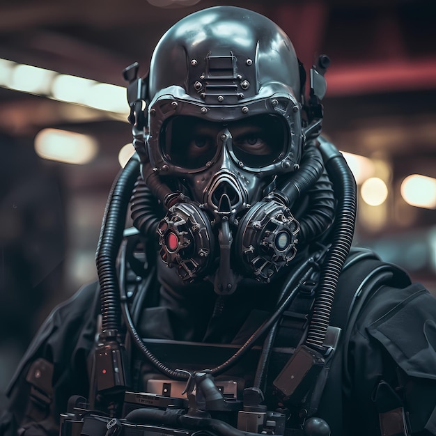 Imagen generativa de ai de un soldado hiperrealista con máscara de gas mientras está de pie en una calle de la ciudad en ruinas