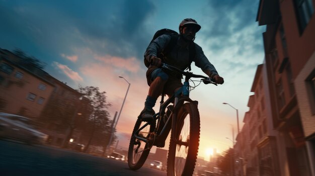 Una imagen generativa de un hombre de entrega de comida montando una bicicleta en una calle de la ciudad con una gran mochila al atardecer