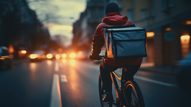 Una imagen generativa de un hombre de entrega de comida montando una bicicleta en una calle de la ciudad con una gran mochila al atardecer