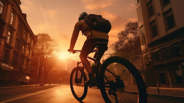 Una imagen generativa de un hombre de entrega de comida montando una bicicleta en una calle de la ciudad con una gran mochila al atardecer