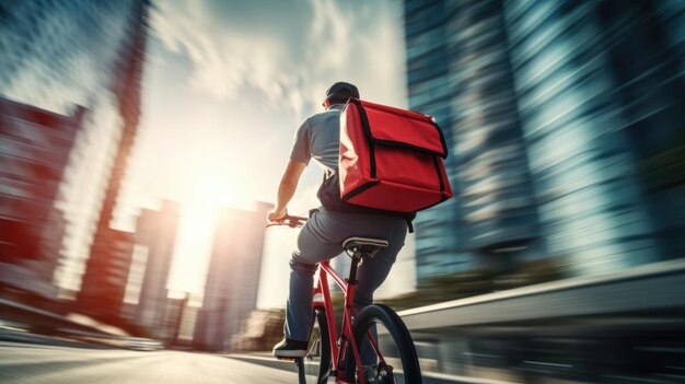 Una imagen generativa de un hombre de entrega de comida montando una bicicleta en una calle de la ciudad con una gran mochila al atardecer