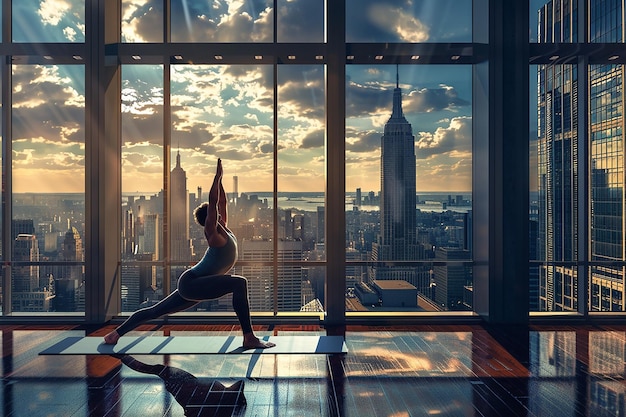 Foto imagen generativa de ia de alguien practicando meditación de yoga en una sala de entrenamiento con paisaje urbano al amanecer