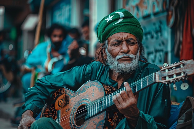 Imagen generativa de IA de un anciano paquistaní que lleva un turbante con la bandera de Pakistán tocando la guitarra en la calle